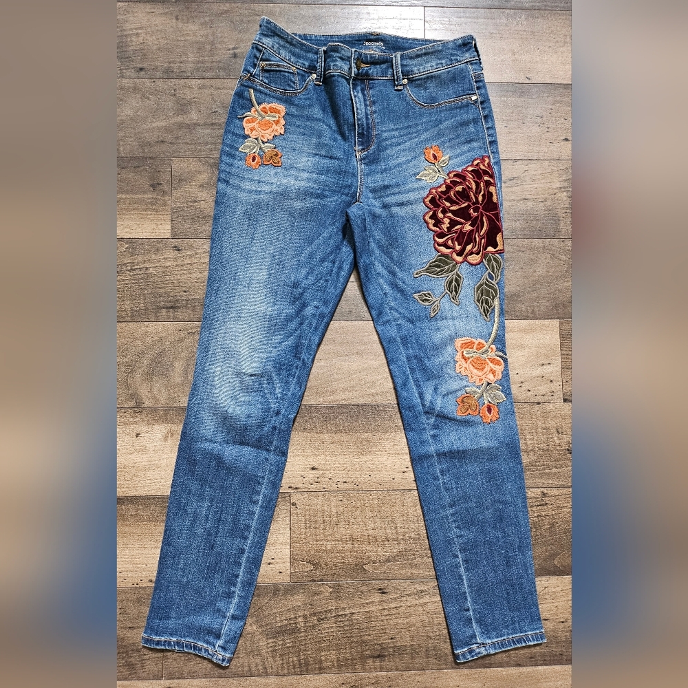 Chico's Blue Jeans with Red and Orange Floral Embroidery